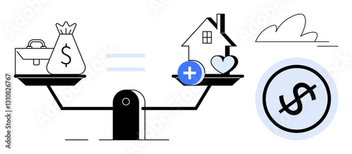 Scales balancing money and property with a house and heart, representing financial and personal priorities. Ideal for finance, investment, wealth management, budgeting, decision-making, priority