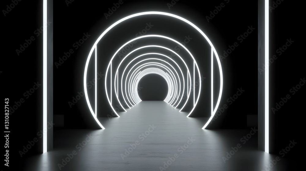 Naklejka premium Futuristic glowing tunnel with neon rings in dark space