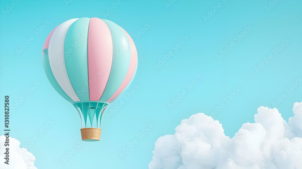 Fototapeta premium Colorful Hot Air Balloon Floating in a Bright Blue Sky with Clouds