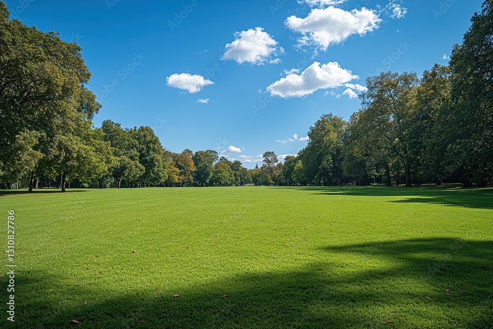 Vast green lawn bordered by lush trees under a bright blue sky. Perfect for illustrating tranquility, nature, or park settings. Vast green lawn bordered by lush trees under a bright blue sky. Perfect for illustrating tranquility, nature, or park settings.
