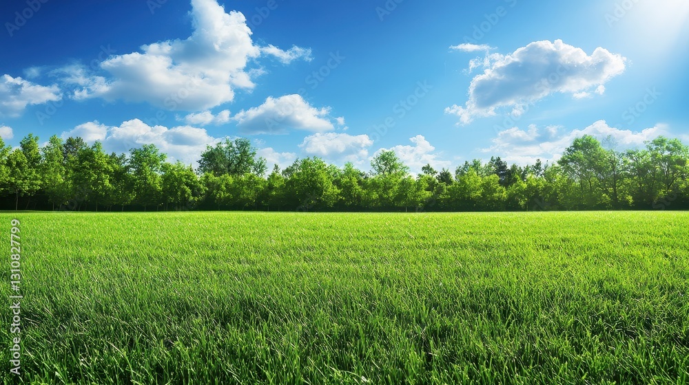Obraz premium Lush green field under a vibrant blue sky, trees line the horizon. Perfect for nature, environmental, or summer themes, evokes serenity and peace.