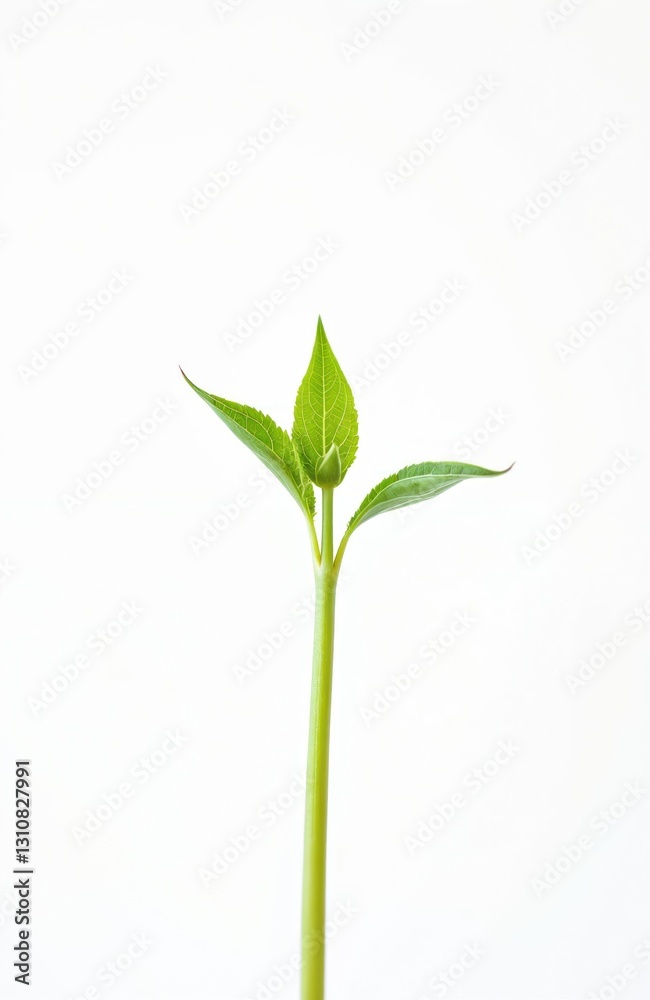 Green sprout with leaves on isolated background. Young plant seedling emerges. Ecology concept of new life, environmental awareness, sustainability. Spring theme. Eco-friendly agriculture.