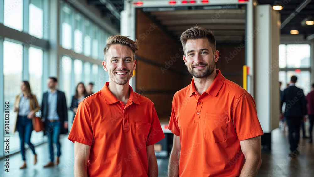 Smiling delivery men wearing orange uniform standing near truck inside building Smiling delivery men wearing orange uniform standing near truck inside building