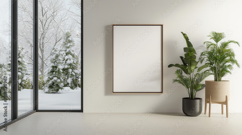 Minimalist interior design with large window, empty frame, and indoor plants overlooking a snowy landscape. Minimalist interior design with large window, empty frame, and indoor plants overlooking a snowy landscape.