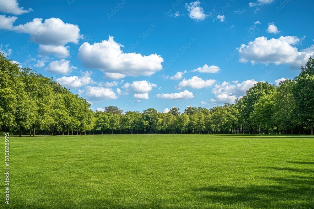 Lush green field under a vibrant blue sky, lined with full, leafy trees. Perfect for nature, peace, and tranquility themed projects. Lush green field under a vibrant blue sky, lined with full, leafy trees. Perfect for nature, peace, and tranquility themed projects.
