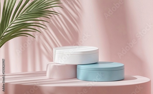 3D white and blue podium with a palm leaf shadow on a pastel background. Vector presentation design template for displaying products, cosmetics, or beauty in a minimal style.