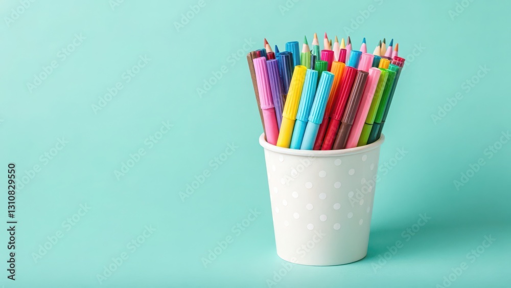 Fototapeta premium virtual classroom education with accessibility Concept Colorful pens in a white cup against a turquoise background.