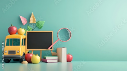 Back to School: Cute Cartoon Illustration with School Bus, Apples, Books, and Blackboard
