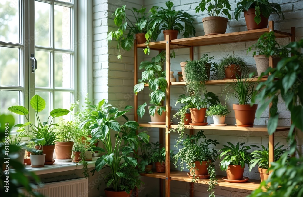 Fototapeta premium Shelving with indoor plants philodendron, others in pots in room by window. Green home garden with houseplant growing. Botanic decoration, rich leaves, tropical foliage growth in light, temperature.