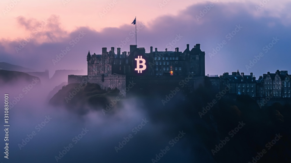 Naklejka premium Castle Emerging from Mist with Bitcoin Symbol at Dawn Light