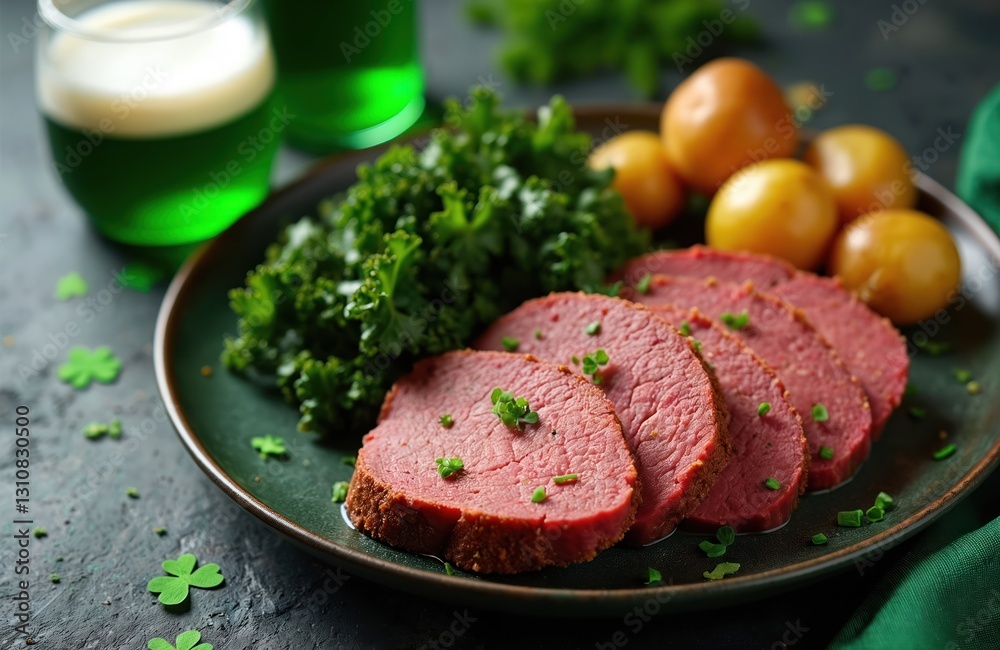 Festive corned beef dinner for St Patrick Day. Sliced beef, potatoes, kale served on plate, garnished chives. Green beer in glass. Traditional Irish holiday feast. Top view. Holiday food. Festive corned beef dinner for St Patrick Day. Sliced beef, potatoes, kale served on plate, garnished chives. Green beer in glass. Traditional Irish holiday feast. Top view. Holiday food.