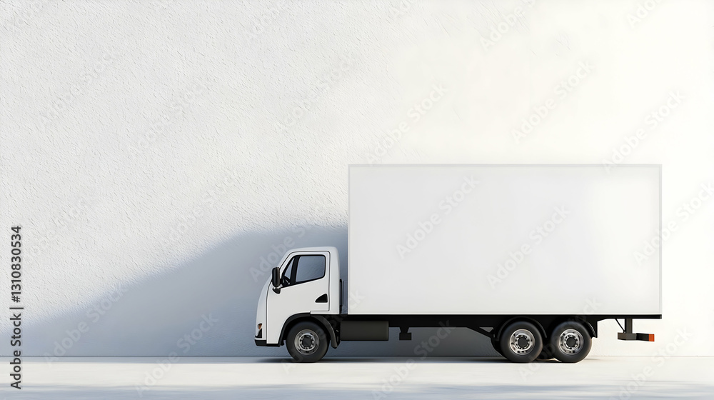 Empty Delivery Truck Parked Against Minimalist White Wall Empty Delivery Truck Parked Against Minimalist White Wall