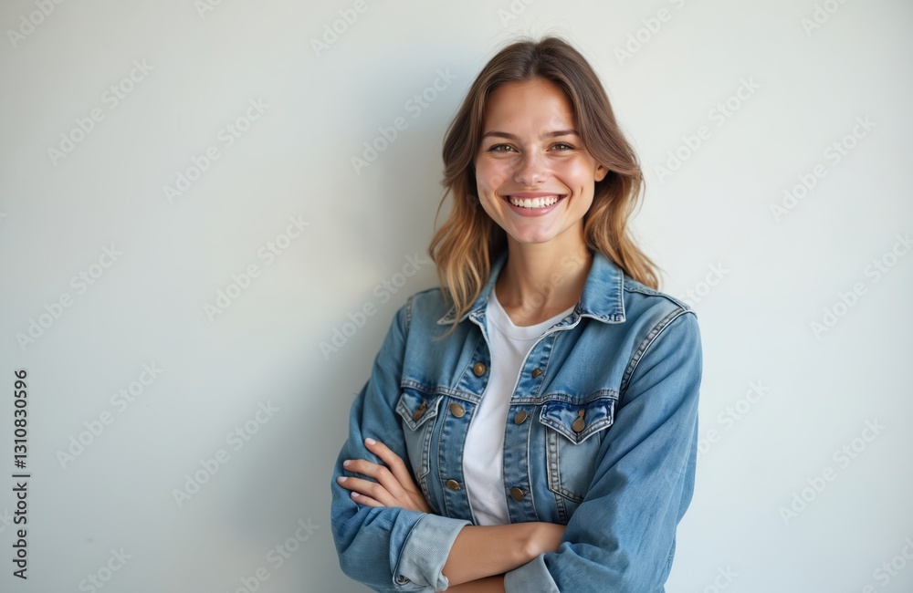 Young brunette woman smiles in denim jacket with arms crossed. Casual happy female stands against plain white background. Positive cheerful person with a trendy relaxed attitude. Young brunette woman smiles in denim jacket with arms crossed. Casual happy female stands against plain white background. Positive cheerful person with a trendy relaxed attitude.