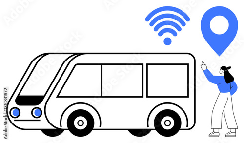 Modern bus design near a commuter, GPS map icon, and wireless signal. Ideal for transportation, navigation, technology, smart cities, commuting mobility solutions urban planning. Flat simple