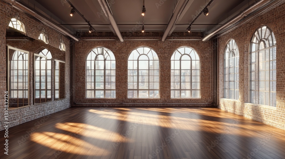 Empty loft-style studio with large arched windows, hardwood floors, and brick walls, bathed in sunlight.