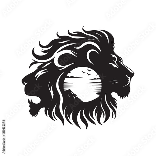 Lion and Scenery Silhouette: A majestic lion profile artfully frames a serene landscape, with a picturesque view of the sun setting over a tranquil sea with birds soaring.