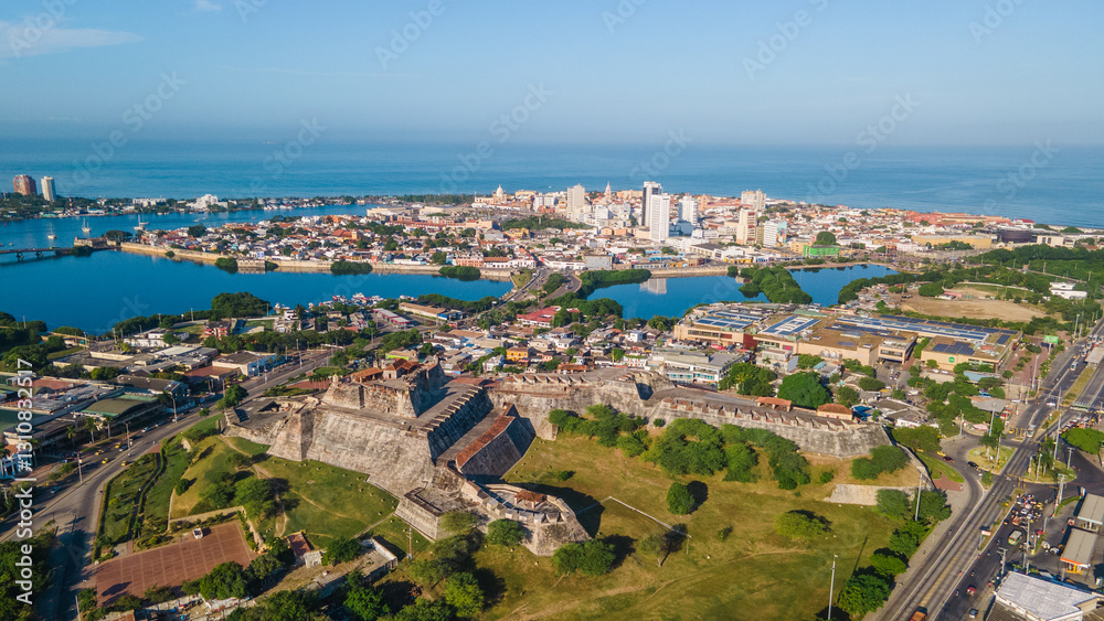 Aerial View of Castle of San Felipe and Cartagena Cityscape, Bolivar, Colombia Aerial View of Castle of San Felipe and Cartagena Cityscape, Bolivar, Colombia