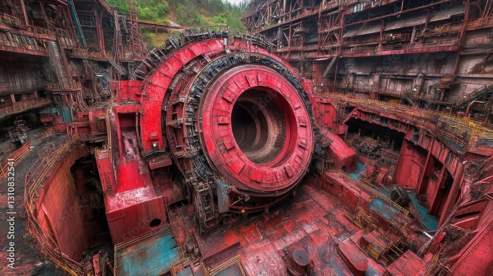 Rusty red industrial machine inside a large, abandoned factory. Rusty red industrial machine inside a large, abandoned factory.