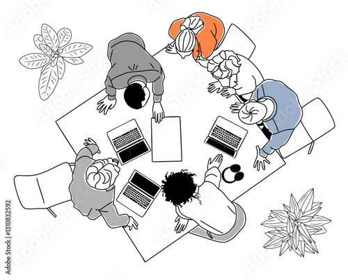 Team work business concept top view illustration. Business scene of men and women working together, meeting overhead view. Modern vector simple outline drawings Isolated on transparent background.