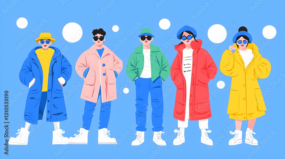 Fashionable Winter Attire in Vibrant Colors Against Blue Background Fashionable Winter Attire in Vibrant Colors Against Blue Background