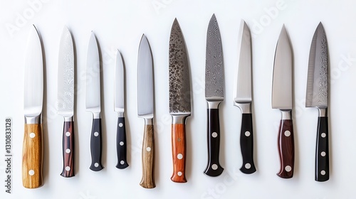 Collection of various kitchen knives with different handles and blade designs. Ideal for culinary, cooking, or kitchenware websites and blogs.