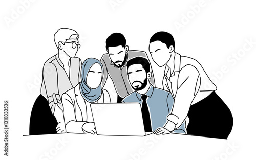 Multiracial business team meeting. Team work business concept illustration. Different people working together. Modern simple outline vector for graphic, web design. Isolated