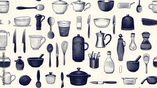 Hand-Drawn Kitchen Utensils and Cookware Illustrations for Culinary Art