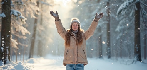 Joyful woman with raised arms, catches snowflakes in winter forest. Smiling girl in jacket enjoys snow, celebrates holidays. Carefree time, adventure outdoor, happy lifestyle and fun in snowy vale.