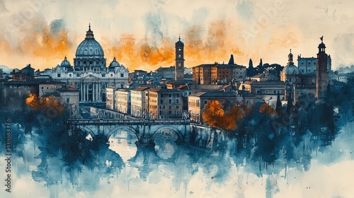 Historic Watercolor Skyline of Rome, Italy Capturing Architectural Beauty and Artistic Essence