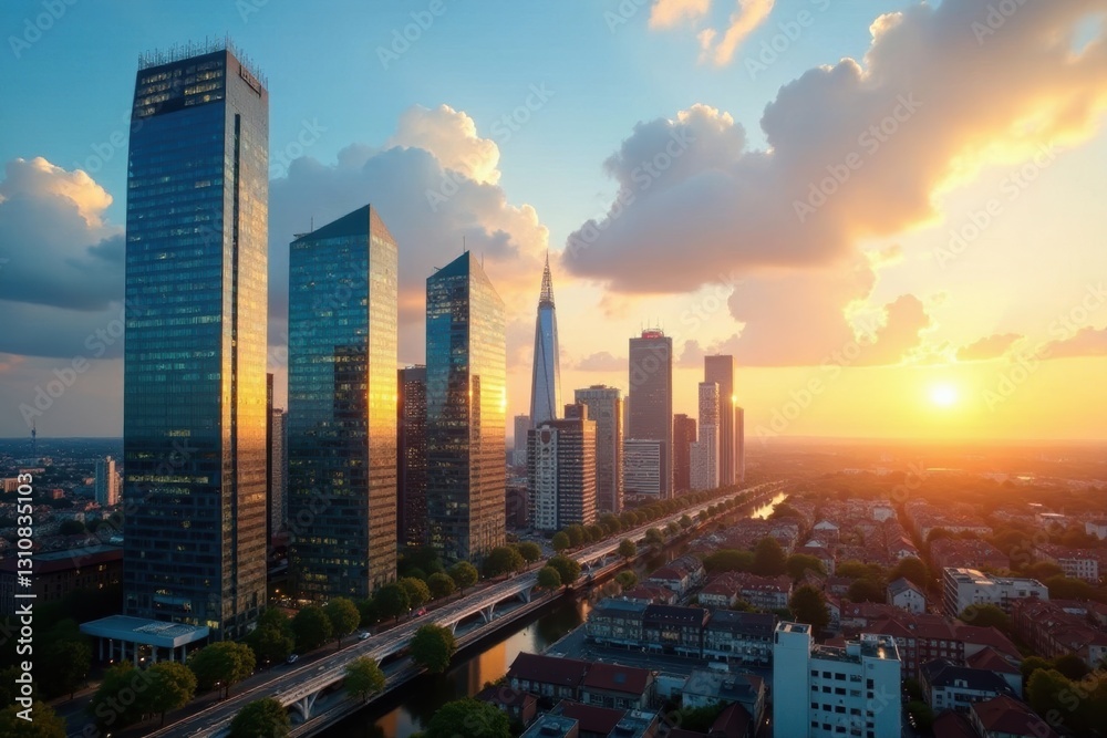 Fototapeta premium Sunlit Frankfurt banking district skyscrapers, geb?ude, architecture