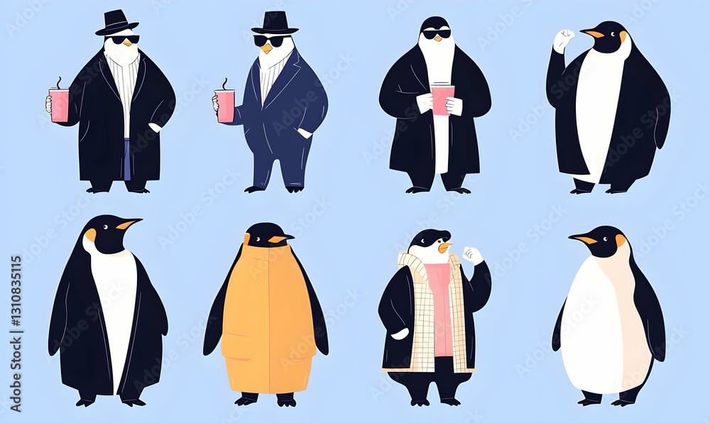 Obraz premium Stylish Penguins in Various Outfits and Accessories on Blue Background