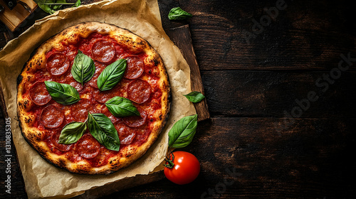 Delicious pepperoni pizza on parchment paper photo