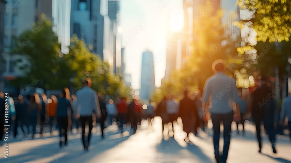 Obraz premium Blurred City Street Crowd Sunset Urban Background - Blurred backgro.
