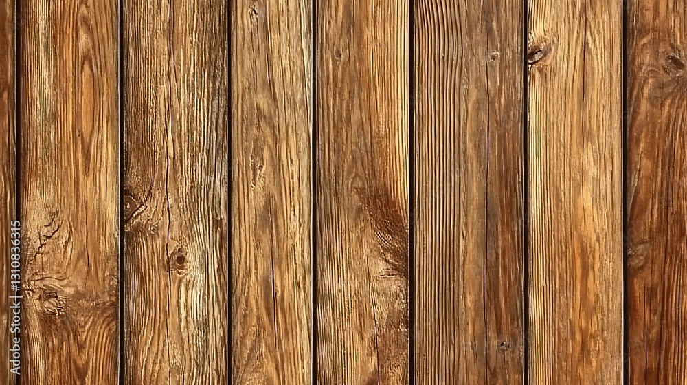 Naklejka premium A close-up view of wooden planks arranged vertically, showcasing natural textures and colors.