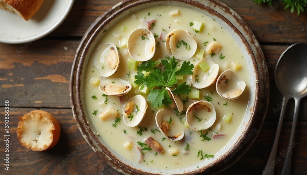 Delicious creamy clam chowder soup with fresh parsley on wooden table Delicious creamy clam chowder soup with fresh parsley on wooden table
