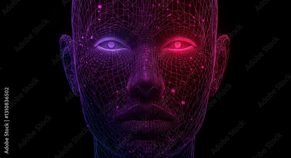 Geometric Cyber Face Wireframe - Digital Human Face Stock Image in Modern Tech Style for AI Geometric Cyber Face Wireframe - Digital Human Face Stock Image in Modern Tech Style for AI