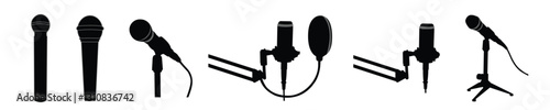 Microphone vector icon set illustration isolated on white background.  Podcast microphone logo art work.