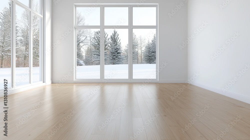 Spacious empty room with large windows overlooking a snowy landscape, inviting natural light and serenity. Spacious empty room with large windows overlooking a snowy landscape, inviting natural light and serenity.