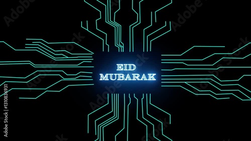A modern Eid Mubarak animation featuring a futuristic, glowing circuit board design with neon blue light effects. This high-tech Islamic greeting is perfect for digital Eid celebrations.