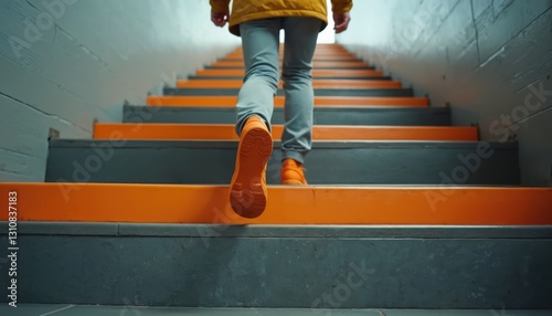 Person wearing orange sneakers walking up stairs. Concrete steps with orange stripe. Concept of personal growth, progress, healthy lifestyle. Achieving goals by climbing steps. Going forward, up,
