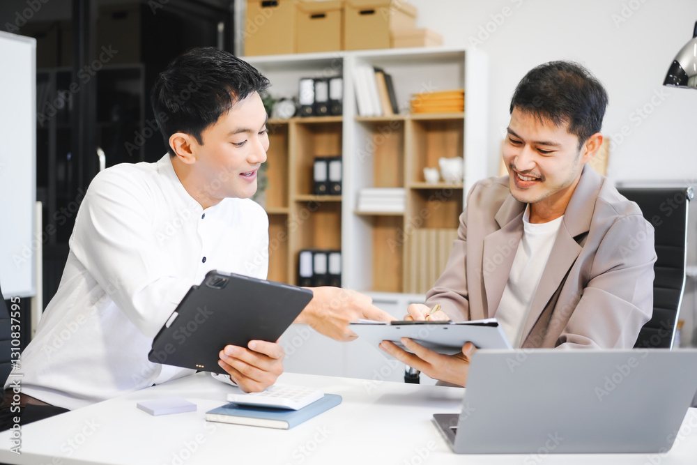 Fototapeta premium Two Asian businessmen sit in the office using laptops. They manage business tasks, communicate with clients, analyze data, and oversee projects to ensure success and efficiency in their operations