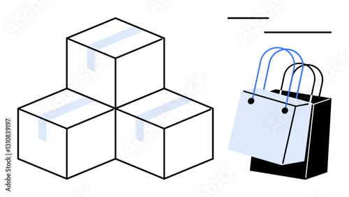 Three stacked shipping boxes taped shut beside two overlapping shopping bags with handles. Ideal for e-commerce, retail industry, logistics, packaging, online shopping, delivery services, business