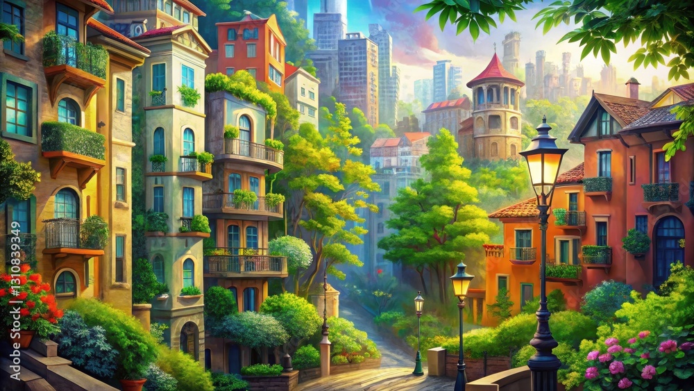 Fototapeta premium Charming Hillside Village Street Scene with Lush Greenery and Elegant Architecture, Basking in Golden Sunlight