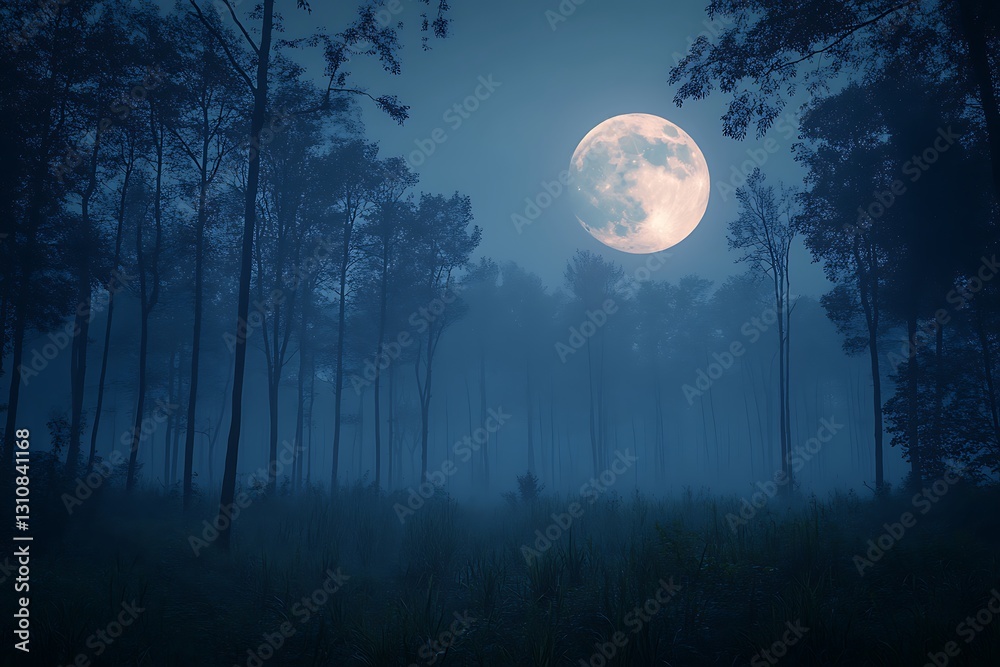 Full moon illuminating a foggy forest at night. Full moon illuminating a foggy forest at night.