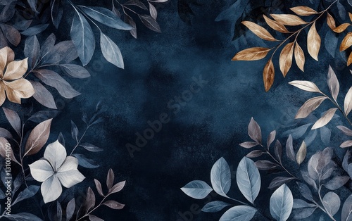 Dark blue background with elegant floral frame.
