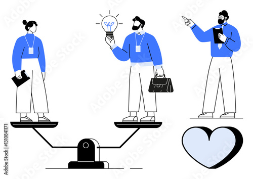 Business people balanced on a scale, one holding a light bulb, while another gives direction. Heart symbol. Ideal for teamwork, leadership, decision-making, equality, creativity balance workplace