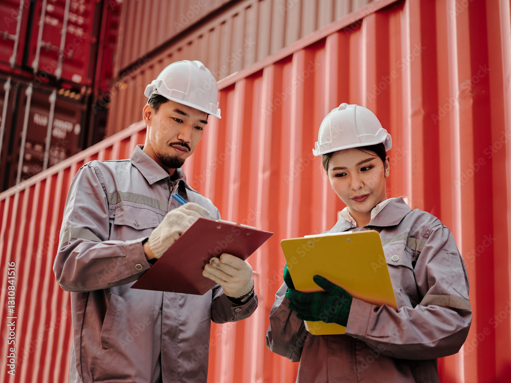 A team of engineers talks to managers at the Container cargo .
