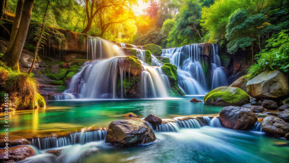 Obraz premium serene waterfall cascades over rocks into tranquil pool, surrounded by lush greenery and vibrant sunlight filtering through trees, creating peaceful atmosphere