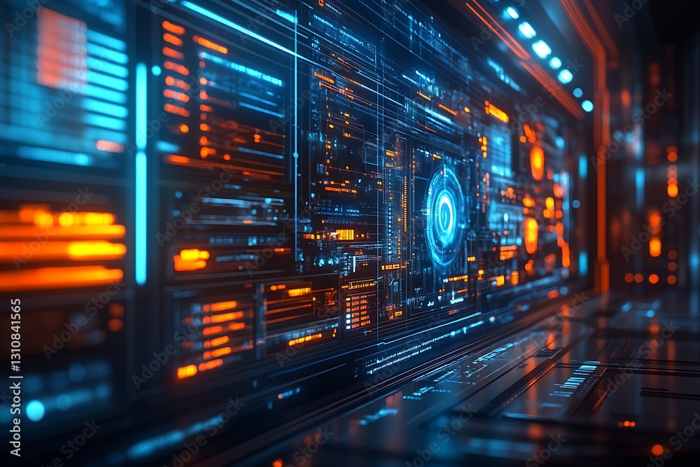 Futuristic digital interface with glowing screens. Futuristic digital interface with glowing screens.