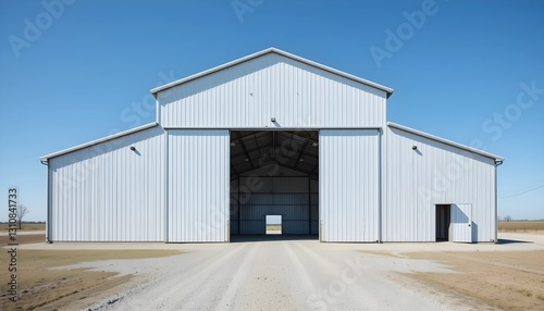 Large white metal barn with a wide open central entrance and a smaller side door, standing on a dirt road under a clear blue sky in a rural landscape.